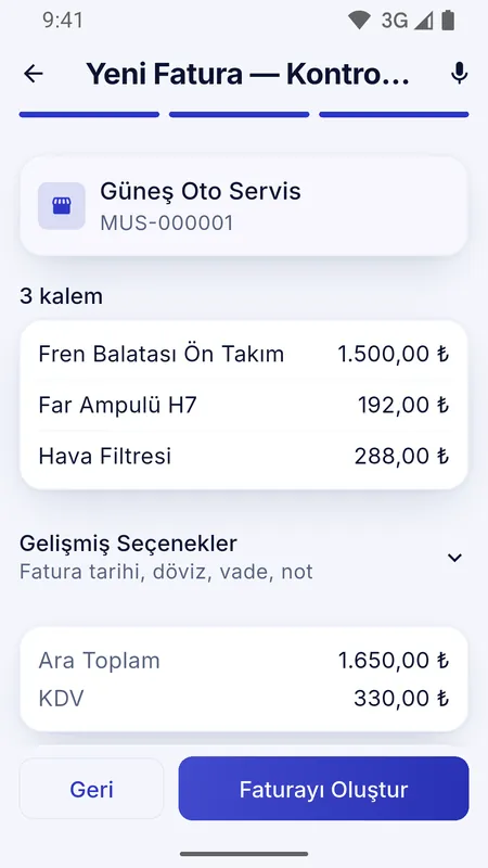 Hazırlanan satış faturasının gönderim ekranı