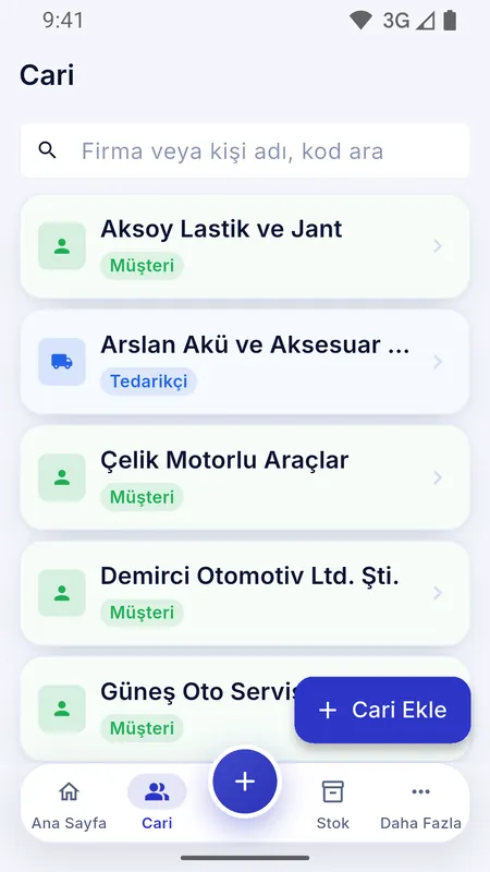 Cari listesi ve bakiyeler