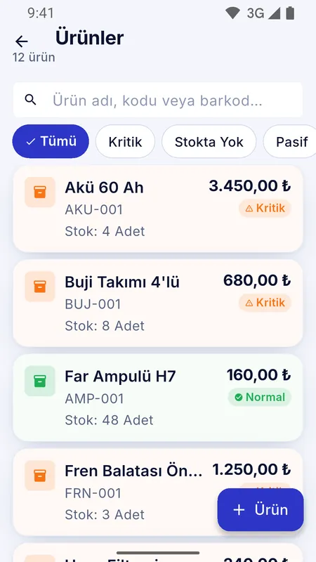 Ürün ve stok listesi