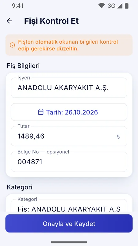Fişten okunan bilgilerin kontrol ekranı